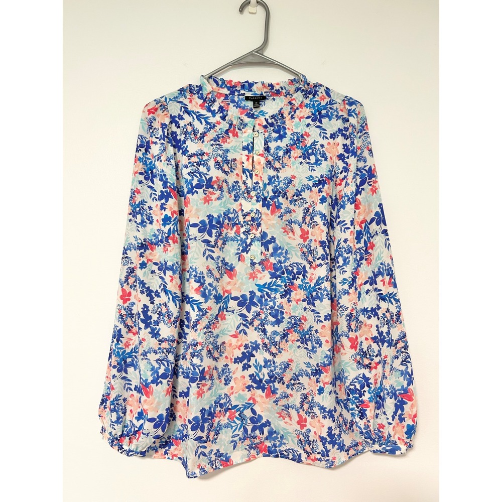 Talbots Womens Blue Pink Floral Ruffle Neck Button Front Blouse Size M PH5558‎